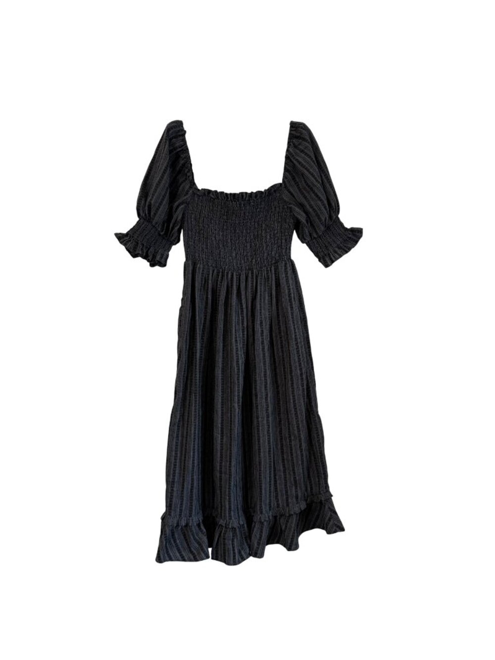 Majorelle Gray Striped Embroidered Peasant Smocked Midi Dress Womens Medium